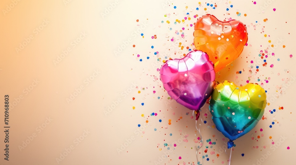 Wall mural Generative AI, Foil LGBT rainbow flag colors balloons in heart shape and confetti for Valentine's day or wedding with copy space	
