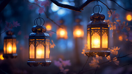 a close up of lanterns,A lantern is placed on a wooden table with a beautiful background for the Muslim feast of the holy month of Ramadan Kareem.
