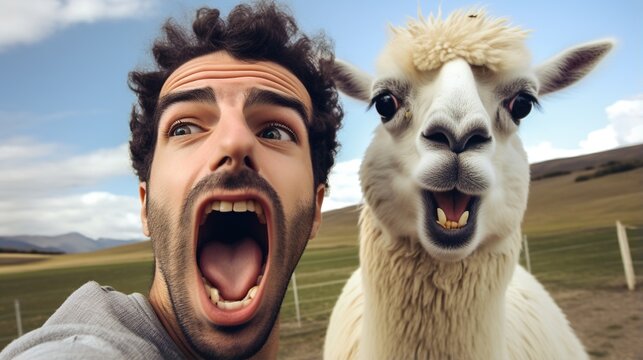 Man and llama screaming in the field