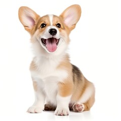 Obraz premium A happy corgi puppy with perked ears and an open mouth