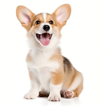 A happy corgi puppy with perked ears and an open mouth
