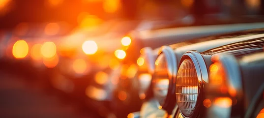 Papier Peint photo Lavable Voitures anciennes Enchanting vintage car headlights with mesmerizing blurred bokeh effect of stunning sunset backdrop