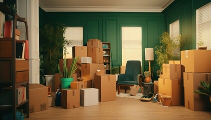 A living room full of moving boxes