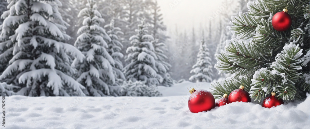 Poster festive christmas scene with snow-covered tree adorned in red ornaments and handmade toys in snowy f