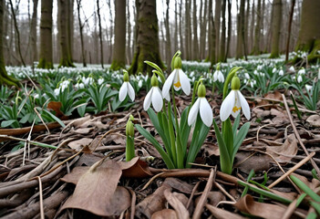 Early blooming snowdrops in the spring woods - Galanthus nivalis in the wild