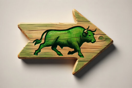 rustic wooden arrow road sign with a green bull engraved. Metaphor for the positive green optimistic direction of the stock market's next bull run 