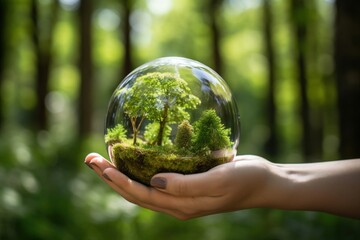 Hand holding a glass sphere with a forest inside