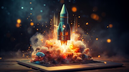Playful cartoon rocket launching into the air from laptop screen on vibrant blue background