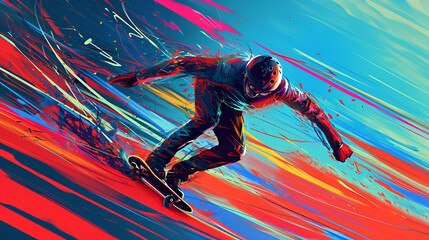 Skater with a focus on a dynamic stride, vibrant colors, abstract background