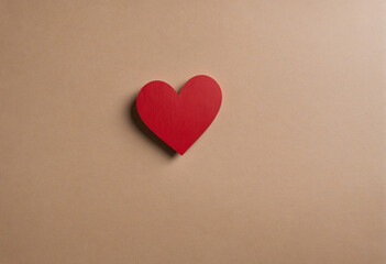 Minimalist Valentines Day design with a wooden heart on a paper background symbolizing love.