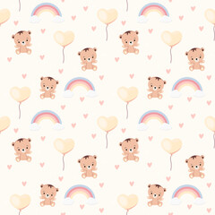 Vector children's delicate seamless pattern with bears, rainbows, balloons on a background with hearts. Ideal for baby prints, textiles, nursery design, wrapping paper, scrapbooking.
