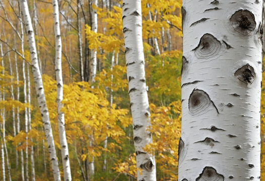 White birch tree in front of yellow autumn leaves