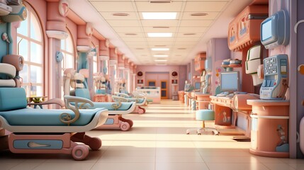 Pediatric hospital ward interior with empty beds