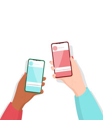 Two hands with smartphones with open social network pages. Exchange contacts via social networks. Communication via the Internet on a mobile portable device. Social media addiction.