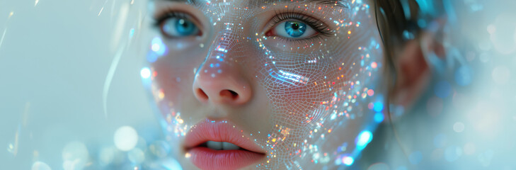portrait of a young beautiful model, covered with colorful holographic sci-fi makeup  - obrazy, fototapety, plakaty