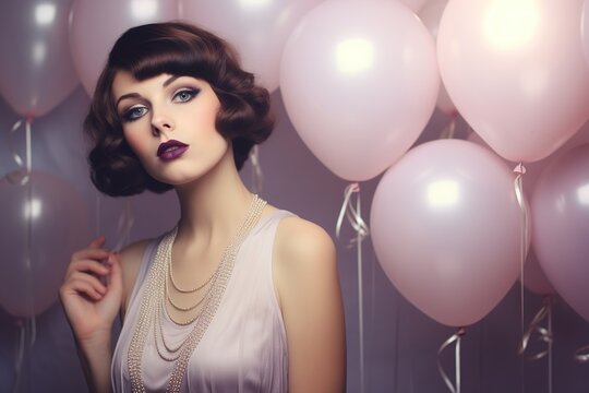 Elegant woman with a pearl necklace and pink balloons - Powered by Adobe