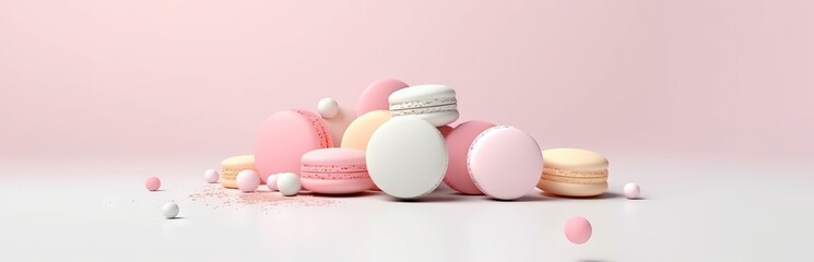 Obraz premium Macarons in a white bowl on a pink background. Banner with copy space 