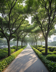 Obraz premium stroll through city park with lush greenery, peaceful morning ambiance. Car rental parking, pedestrian pathway for leisurely walk. Enjoy urban green spaces under summer sun in Singapore.
