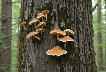 Tree trunk fungus on shelf-like growths - obrazy, fototapety, plakaty