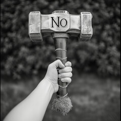 Girl holding a Viking hammer with the inscription “No”.