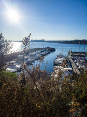 Boats and yachts moored in a marina