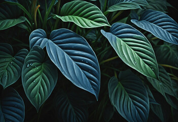 Leafy Plants Against Moody Background with Green and Blue Foliage Texture