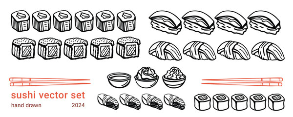 Isolated vector set of Japanese sushi set in hand drawn doodle style on a white background. Wasabi, ginger, soy sauce and sushi sticks.Asian food for restaurants menu.