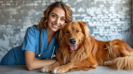 Skilled vet nurse examining cheerful dog in clinic, conducting medical tests for optimal pet health.