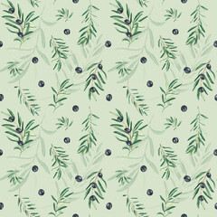 Watercolor seamless pattern with branches of black olives on a green background. Can be used for textile, wallpaper prints, kitchen, food and cosmetic design.