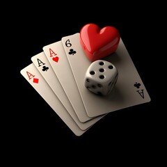 dice and cards, ace of hearts, a set of four playing cards with a heart on top of them and four dice on the bottom of each