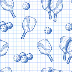 Vector seamless pattern with pickleball equipment on checkered notebook sheet. Background with balls and rackets. - 710975040