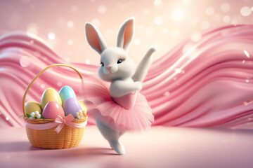 Easter bunny dressed as a ballerina next to a basket of eggs - obrazy, fototapety, plakaty