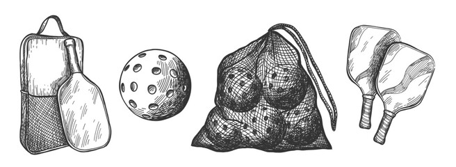 Vector sport illustration with Pickleball equipment. Balls, rackets, bag, Black and white. - obrazy, fototapety, plakaty