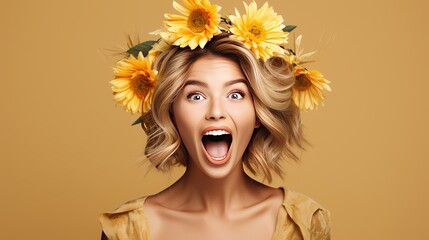 A blonde female, who is surprised and emotional, poses with a bunch on her head. - obrazy, fototapety, plakaty