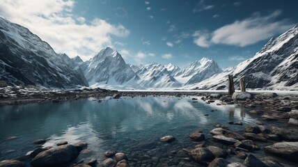 A moonlit alpine lake nestled between snow-capped peaks, reflecting the celestial beauty of the night sky -Generative Ai
