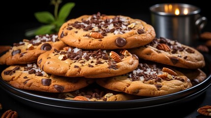 A plate full of chocolate chip cookies with nuts - obrazy, fototapety, plakaty