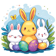 Easter bunny rabbit cartoon character holding a basket full of painted Easter eggs. happy Easter.