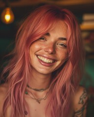 Fototapeta premium Joyful Woman with Pink Hair and Tattoos. Generative AI.