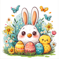 Easter bunny rabbit cartoon character holding a basket full of painted Easter eggs. happy Easter.