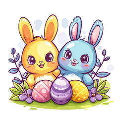 Easter bunny rabbit cartoon character holding a basket full of painted Easter eggs. happy Easter.