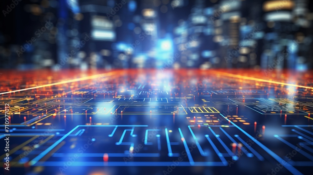 Poster shimmering bokeh backdrop with digital circuit patterns in bright technological theme