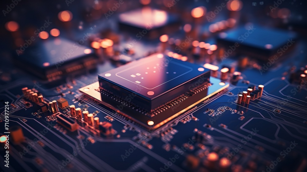 Poster shimmering bokeh backdrop with digital circuit patterns in bright technological theme colors