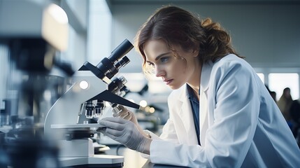 A laboratory scene featuring a young scientist utilizing a microscope - obrazy, fototapety, plakaty