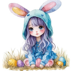 Cute little child wearing bunny ears on Easter day. Girl with painted eggs on bright purple background. Violet and yellow colors.