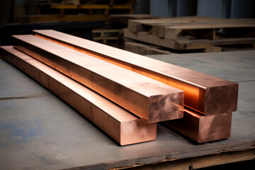 Copper rectangular bars that are polished and aligned in warehouse setting. Ideal for images related to production, manufacturing, heavy industry, construction, metal alloy and engineering