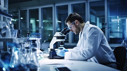A laboratory scene featuring a young scientist utilizing a microscope - obrazy, fototapety, plakaty