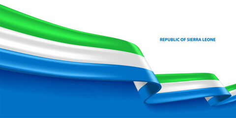 Sierra Leone 3D ribbon flag. Bent waving 3D flag in colors of the Sierra Leone national flag. National flag background design.