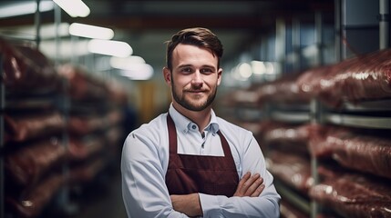 A photo of a skilled butcher in a cold storage area holding his arms crossed and a pig carcass in the background. - obrazy, fototapety, plakaty