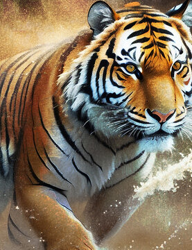 Illustration featuring a wild striped tiger captured in all its splendor, wildlife and nature with dust spray, artwork painted in a realistic manner.
