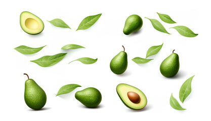Obraz premium Collection set with Fresh ripe avocado with leaves falling in the air isolated on wtite background.